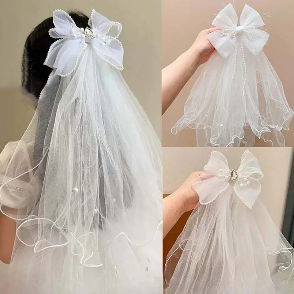 

Gift White Veil Hair Clip Mesh Bow Girls Head Gauze Polyester Beads Bridal Tulle Photo Props