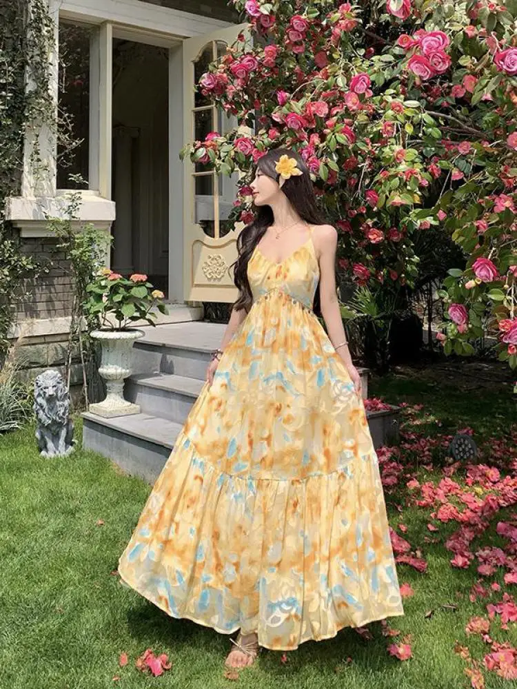 

Summer Yellow V Neck High Waist Sexy Vacation Pleated Slip Long Dresses Women Elegant Backless Holiday Party Dress 2025 Bohemian