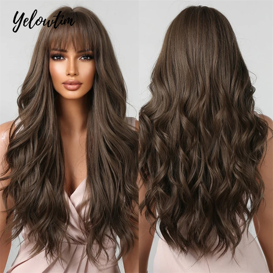 

Yelowtim Synthetic Hair Wig Brown Wavy Wigs for Women with Bangs Long Natural Daily Cosplay Heat Resistant