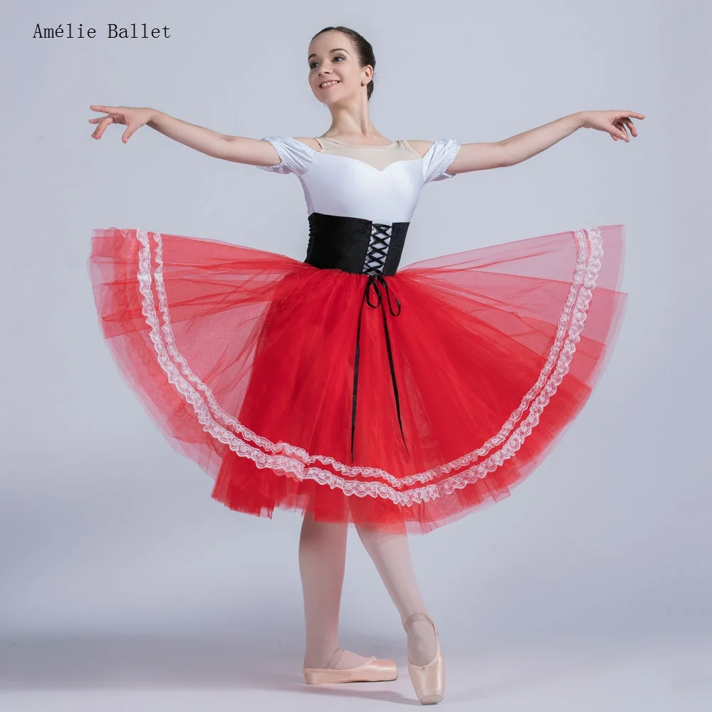 

20012 White and Black Leotard Attached Red Soft Tulle with White Lace Trim Romantic Length Tutu Girls&Women Performance Dress