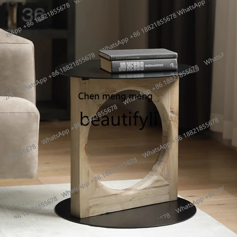 French round modern edge table pine solid wood metal steel plate retro coffee tableH