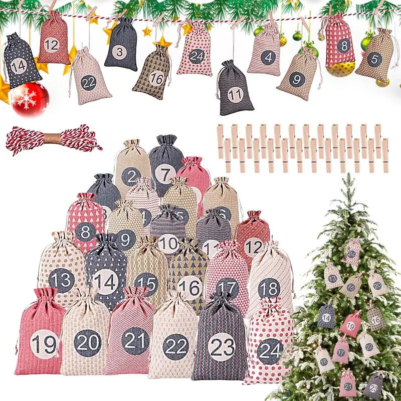 2024 24Days Christmas Advent Calendar Bags Advent Calendar Candy Gift Bag for Children Noel Happy New Year 2025 Christmas Decor