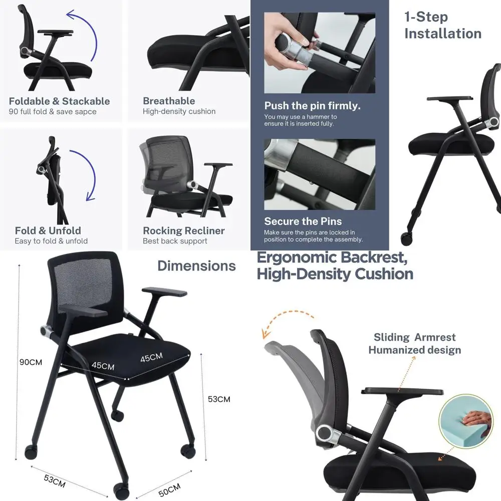 

Collapsible Office Chairs with Wheels, Mesh Back, Arms - Portable for Conference Rooms, Meetings (Black, 300 lbs)