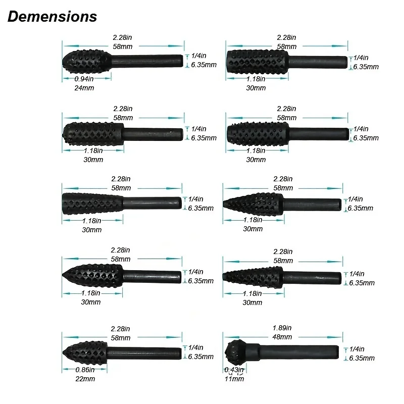 Wood Carving Rasp Drill Bits 1/4 Shank Rotary Files Woodworking Burrs Grinding Tool Cutting Engraving Deburring Shaping Grooving