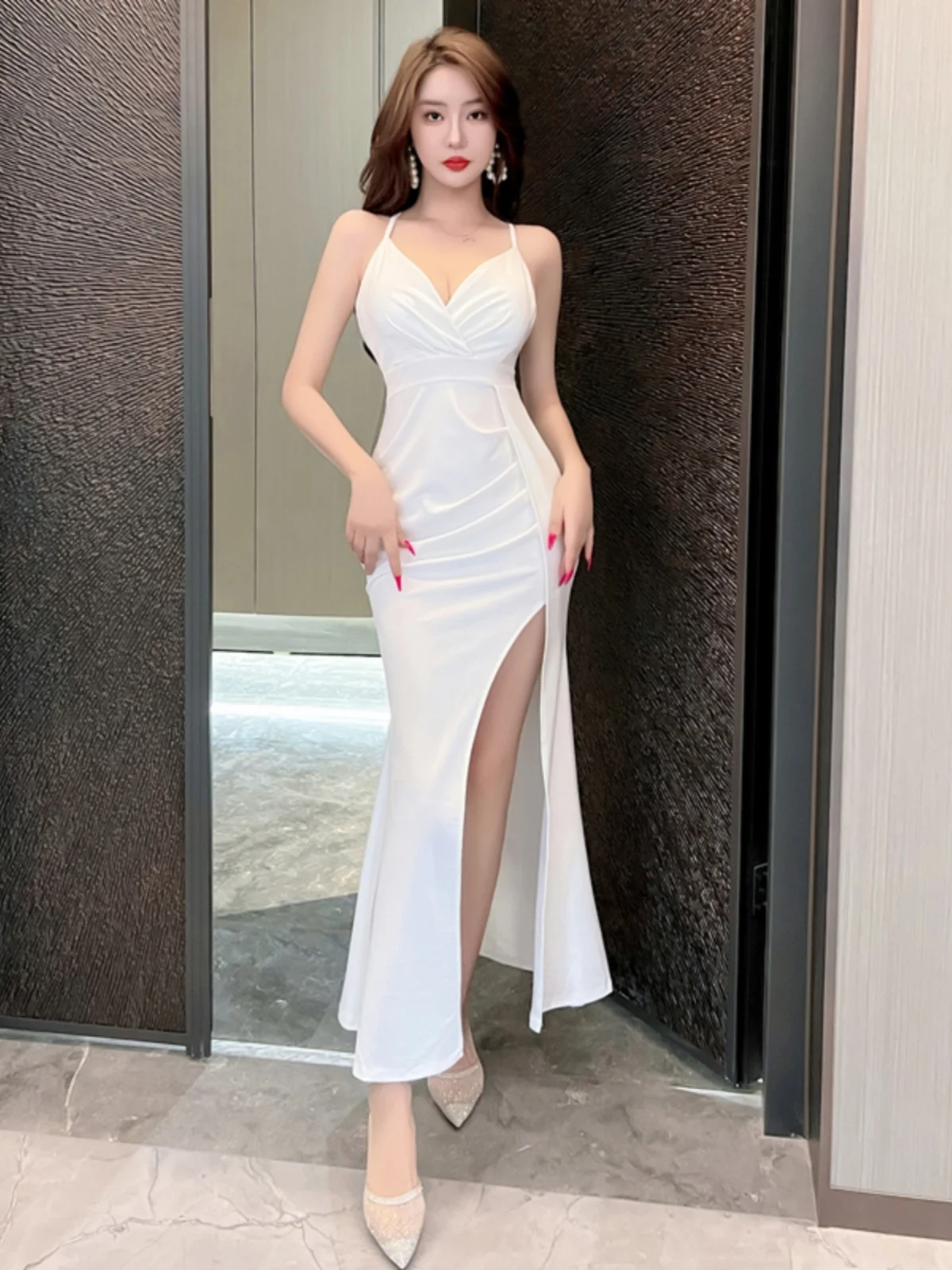 Vestido Largo Sexy con Escote Profundo en V y Abertura, Ropa de Trabajo para Club Nocturno, Vestido sin Tirantes, Tejido de P...