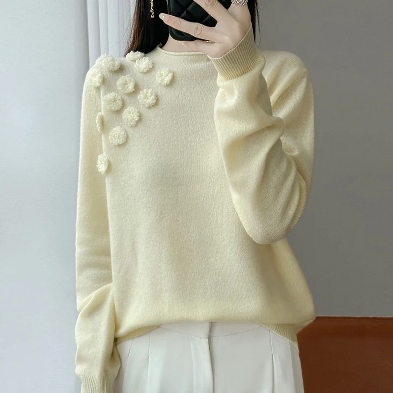 

Women's 100% Wool Mock Neck Pullover - Embellished with Crochet Daisies, Showcasing Elegance and Warmth