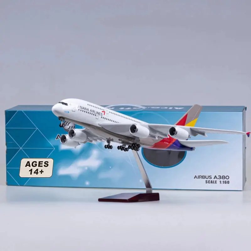 A380 ASIANA Korean Airplane Model with LED Light and Landing Gear Die Cast Plastic, Resin Aircraft Toy, 46cm, 1/160 Scale