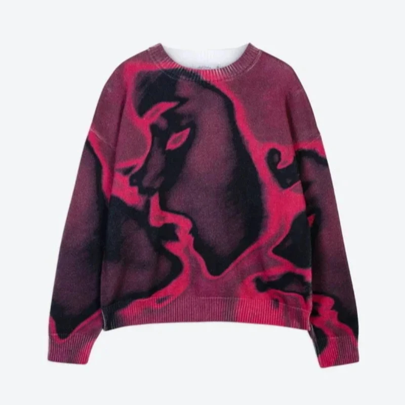 Hip hop American street figure geometric print loose Harajuku couple knitted sweater Y2k retro rose red casual pullover