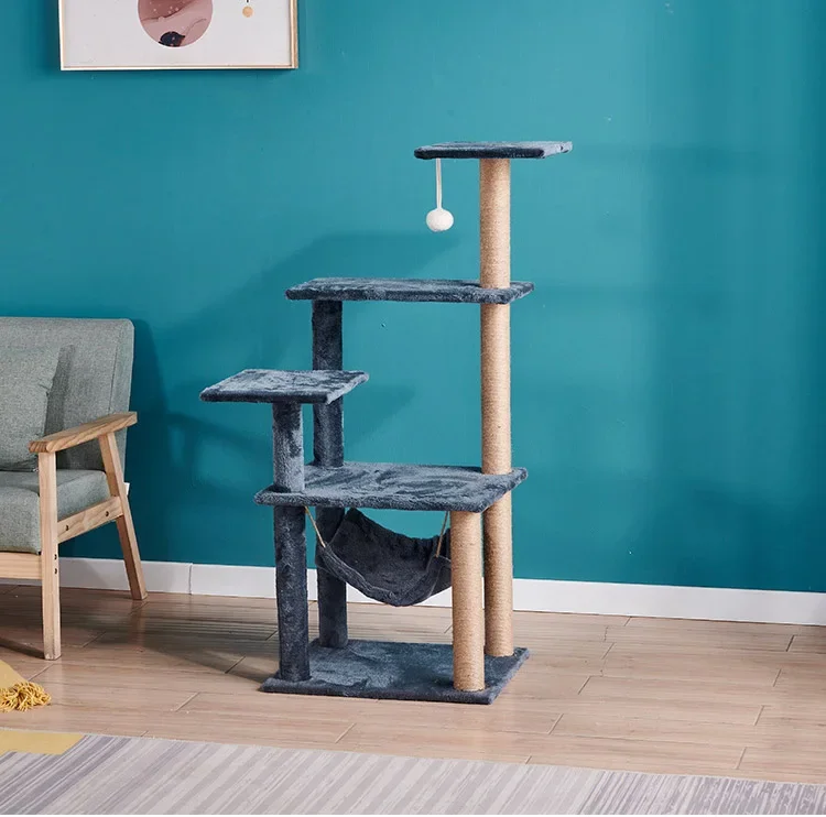 Pet Cat Product Tall Modern Wood Gray Floor To Ceiling Multi-level Cat Tower Wood Cat Tree