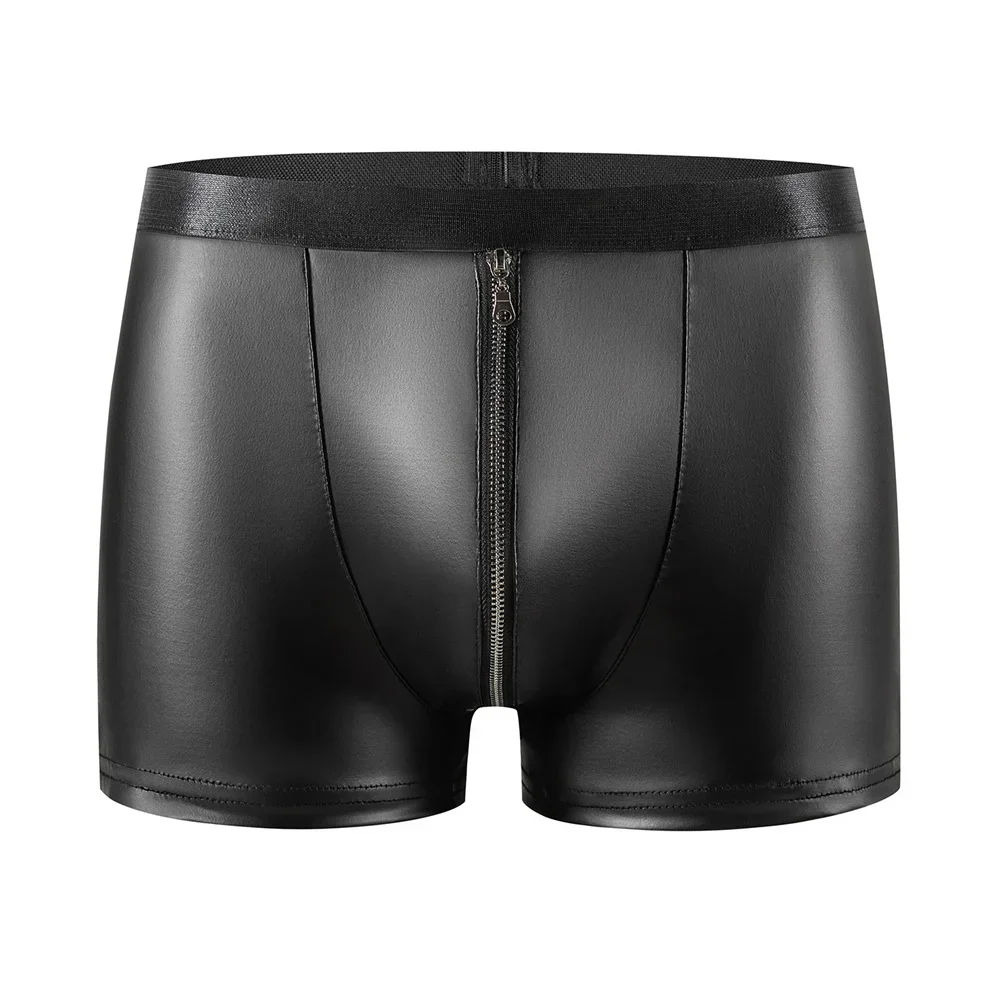 Men Underwear Sexy Faux Leather Boxers Shorts Lingerie Male Boxer Shorts Erotic Zipper Open Crotch Leather Gay Casual Underpants