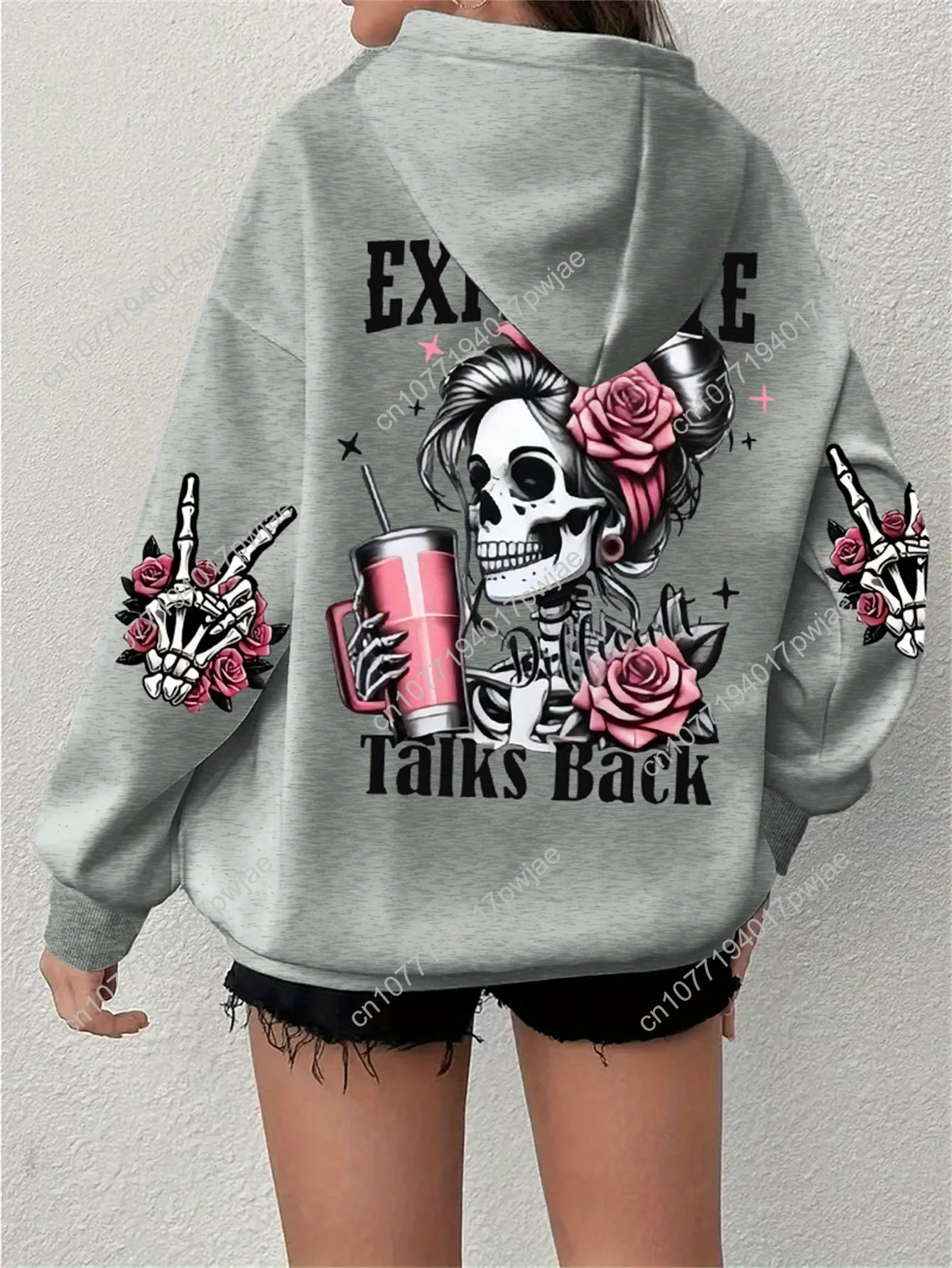 [Roupas femininas] Moletom com capuz plus size com estampa de caveira |   Cordão casual de manga comprida para outono inverno