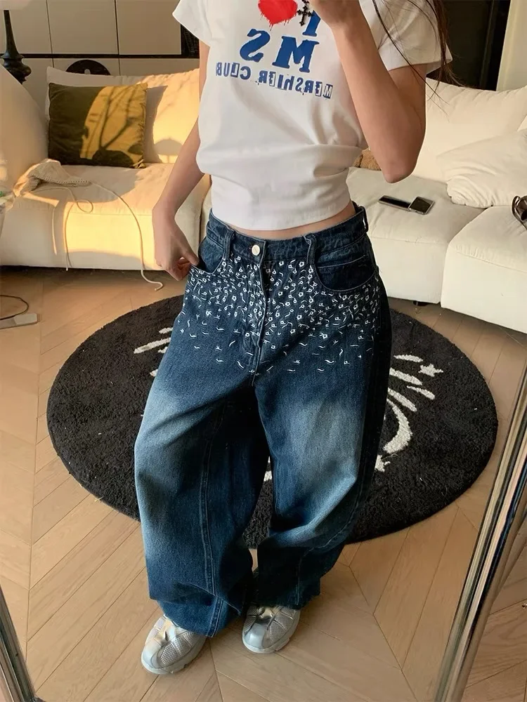 

Women's Floral Print Blue Baggy Jeans Cool Girl Denim Trousers Vintage 2000s Style Oversize High Waist Jean Pants Trashy Clothes