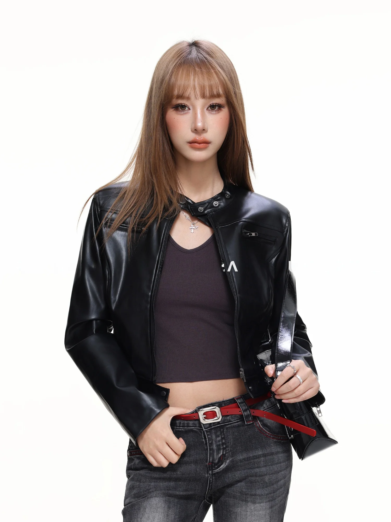 Bla American Sle PU Leather Jaet Women's Stand Collar Motorcycle Jaet ort Top Muzidr 2025 Autumn New Arrival