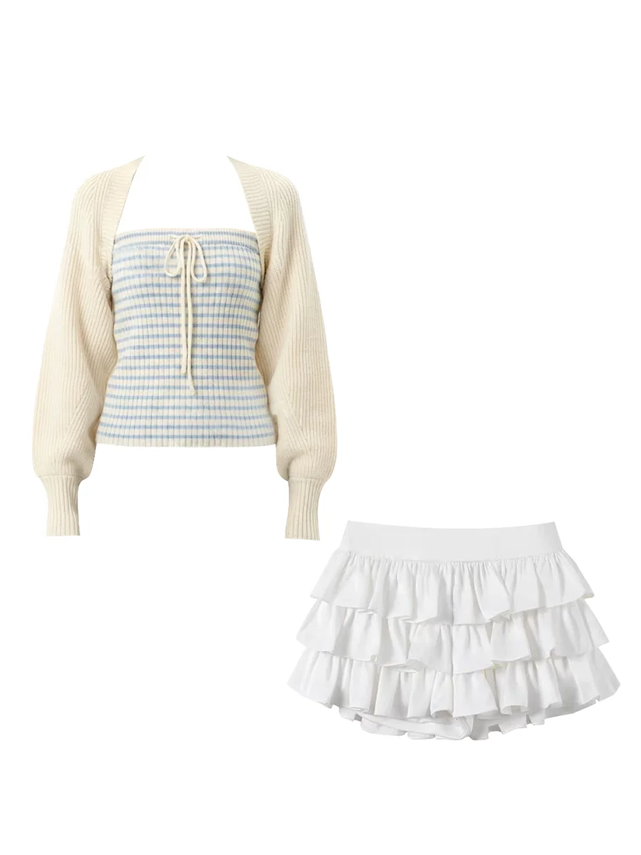 Parkyeon Spring Knitted Stripe Crop Top And White Short Skirt Set Women's Fashion Casual Style Two-Piece Suit Korean Pure Desire - view 4