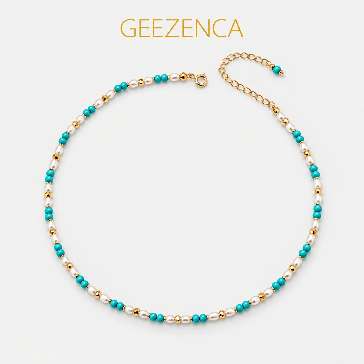 GEEZENCA 925 Sterling Silver Pearl Turquoise Spaced Beads Strand Necklace For Women 18K Gold Chic Luxury Chokers Necklaces Gift