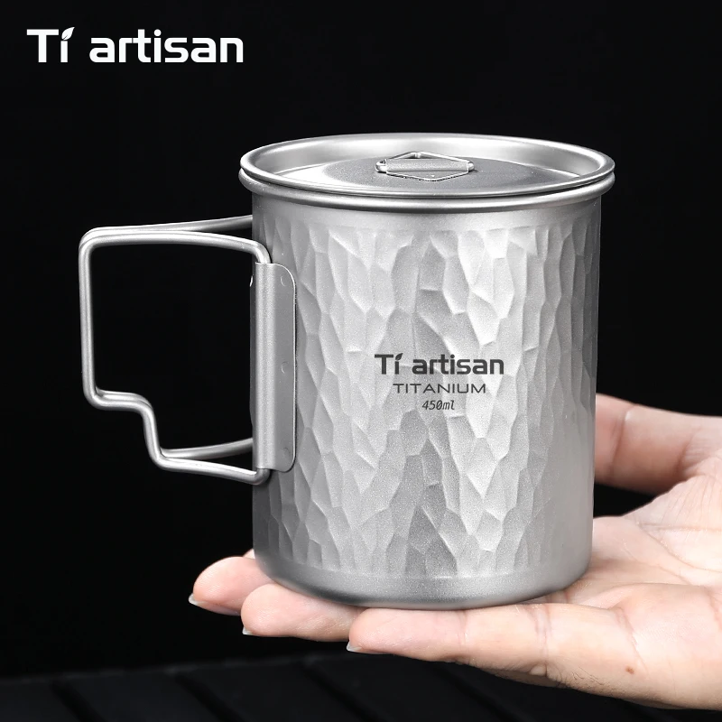 

Титановая кружка Tiartisan 450 мл с чеканной текстурой, складная, с крышкой, для кофе и воды, для кемпинга, легкая, портативная, для чая