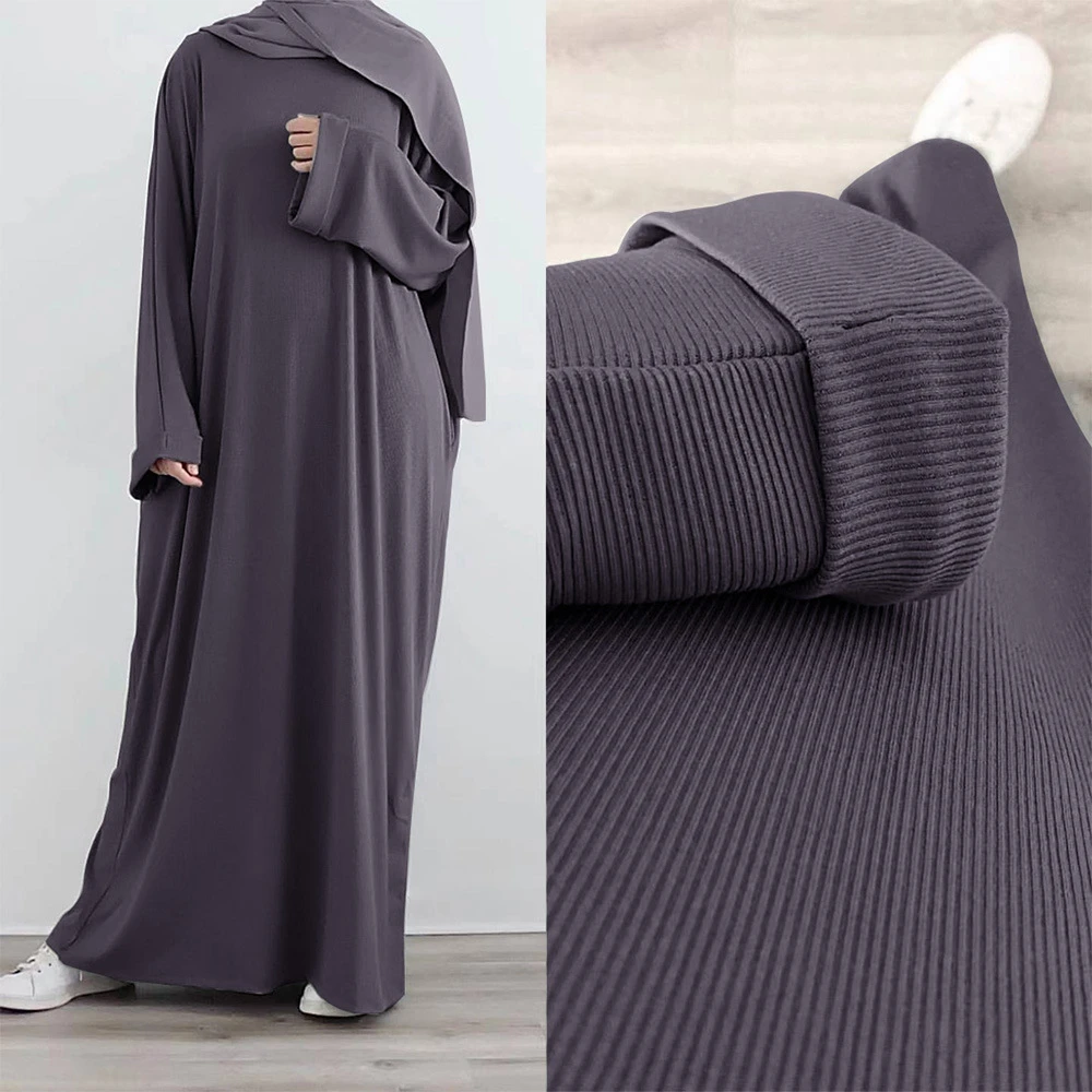 Women Dubai Abaya Turkey Hijab Dress Autumn Winter Ribbed Solid Muslim Islamic Clothing Long Sleeve Maxi Long Dress Eid Ramadan