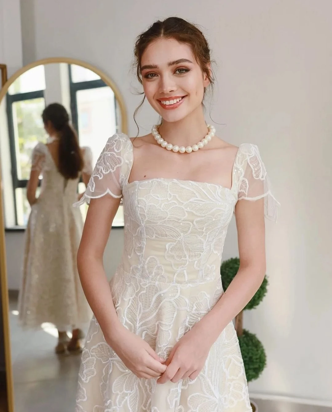 AsaNagi White Lace Prom Dresses Square Neck Ankle-Length Women Vintage Elegant Wedding Party Dress 2023 Robe Femme Soirée