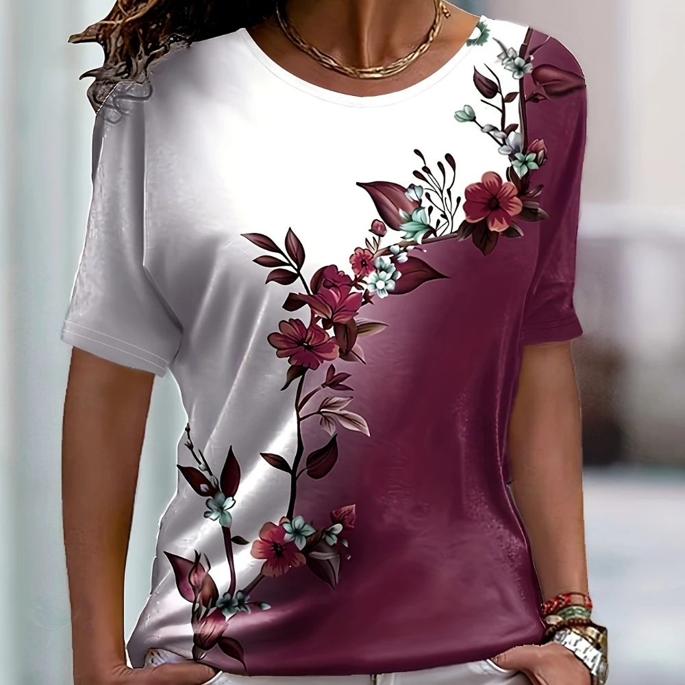 Chic Blossom Colorblock Tee - Casual Comfortable Short Sleeve, Crew Neck Ideal For Spring/Summer -Womens Fashion T-shirt