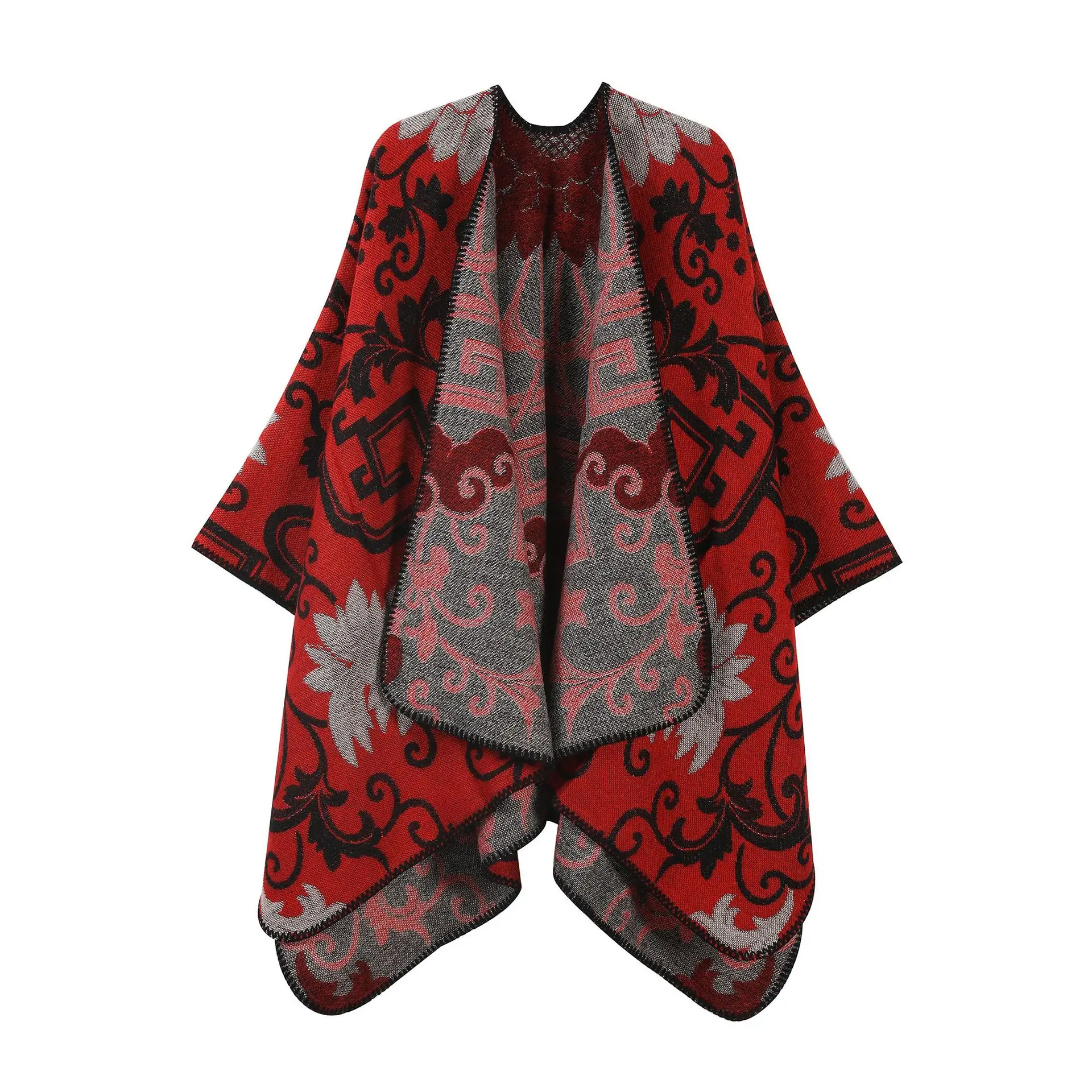 Autumn Winter New Style Women's Fashionable Warm Floral Cashmere Wrap Coat Cowl Neck Open Split Shoulder Scarf Ethnic Trend