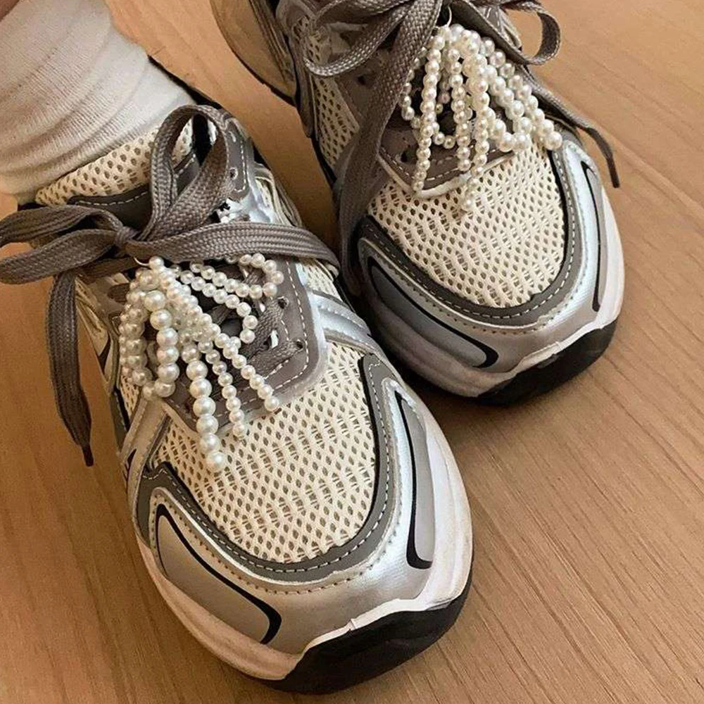 DIY Shoelaces Clips Pearl Beaded Shoe Lace Charms Buckle Sneaker Pearl Bow Sneaker Decorations Keyring Pendant Boot Accessories