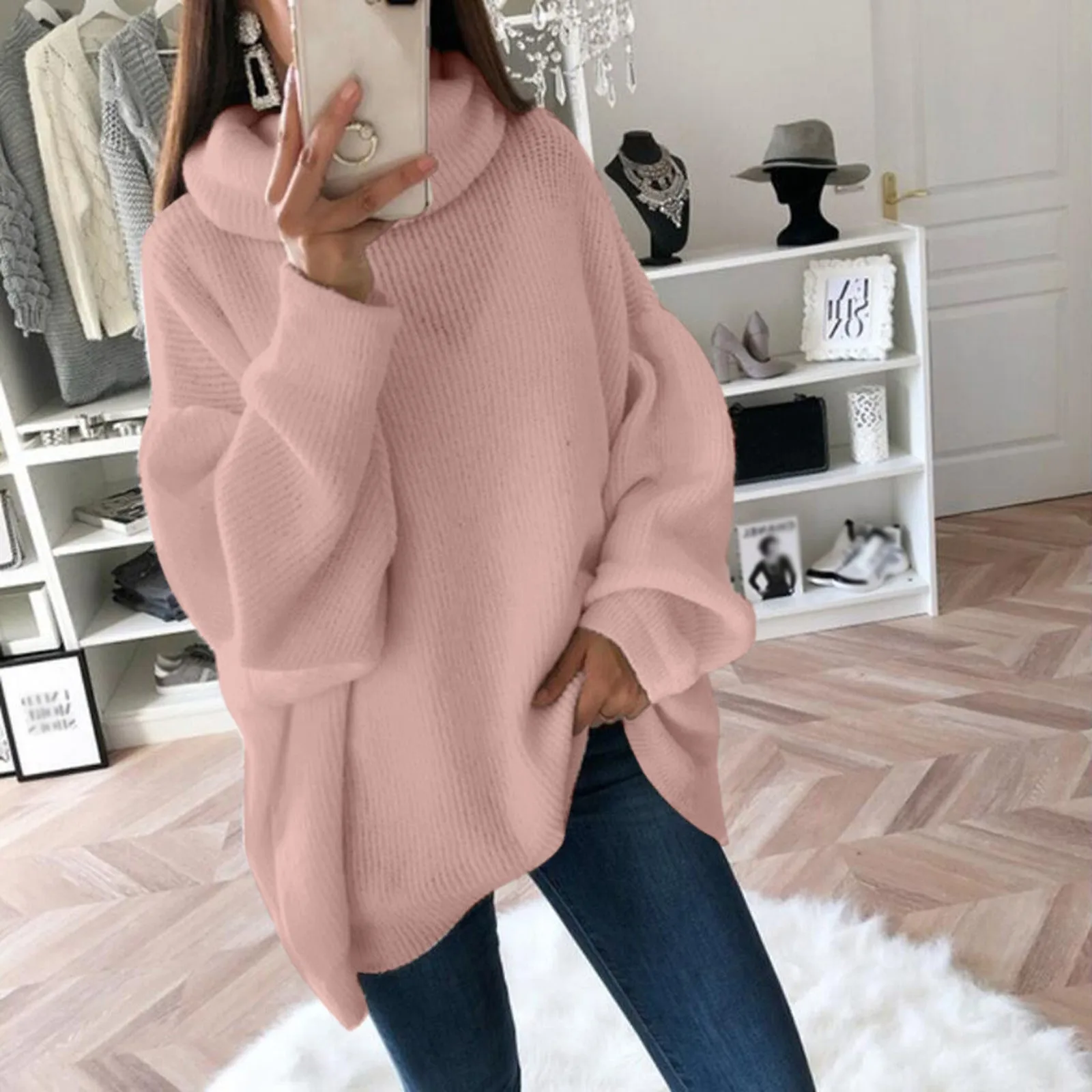 Women Sweater Oversized Turtleneck Pile Collar Autumn Winter Long Sweater Loose Pullover Stretchy Knitwear suéteres свитер