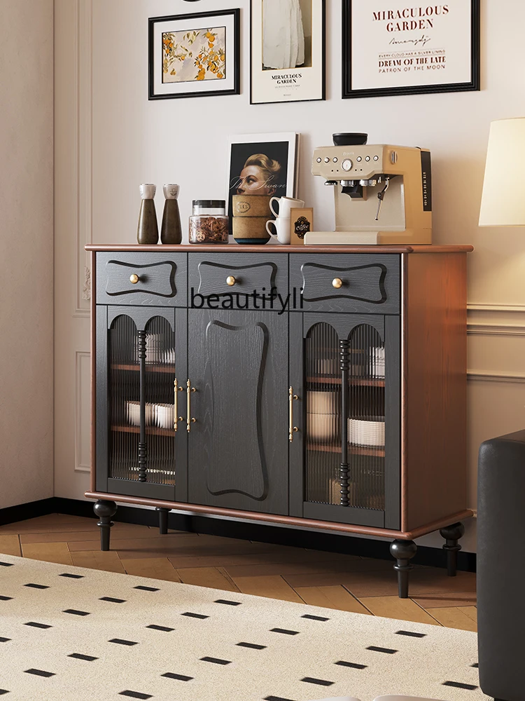 French Solid Wood Retro Style Sideboard Cabinet Home American Kitchen Multi-Functional Storage Cabinet Integrated Wall