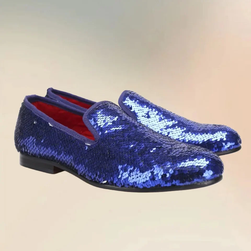 

Blue Blings Giltter Men Loafers Fashionable Slip On Men Shoes Novel Handmade Evening Party Feast Banquet Wedding Men Dress Shoes