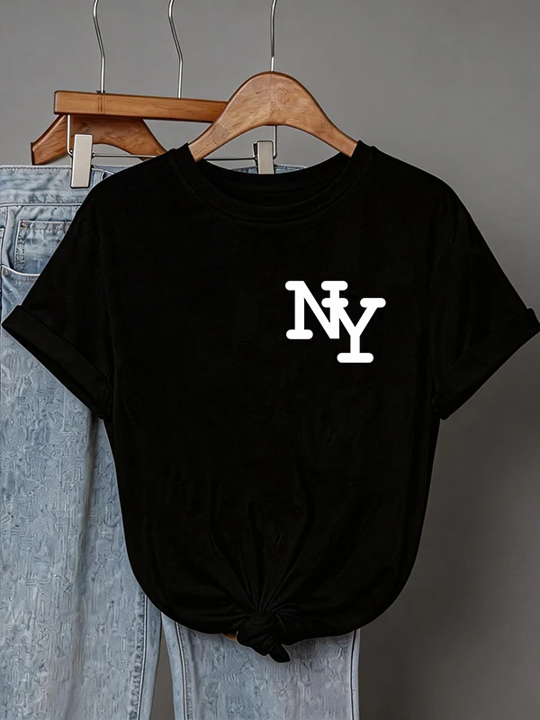 Female Elegant Women's Round Neck Short Sleeve T-Shirt with Alphabet Print 2026 Casual Versatile Style Tops Clothes Outfit Gife