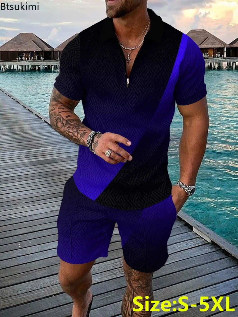 Fashion New Abstract 3D Print Polo Shirt Shorts Sets Men's Summer Trend Tracksuit Contrast Color Casual Suits 2024 Men Clothing