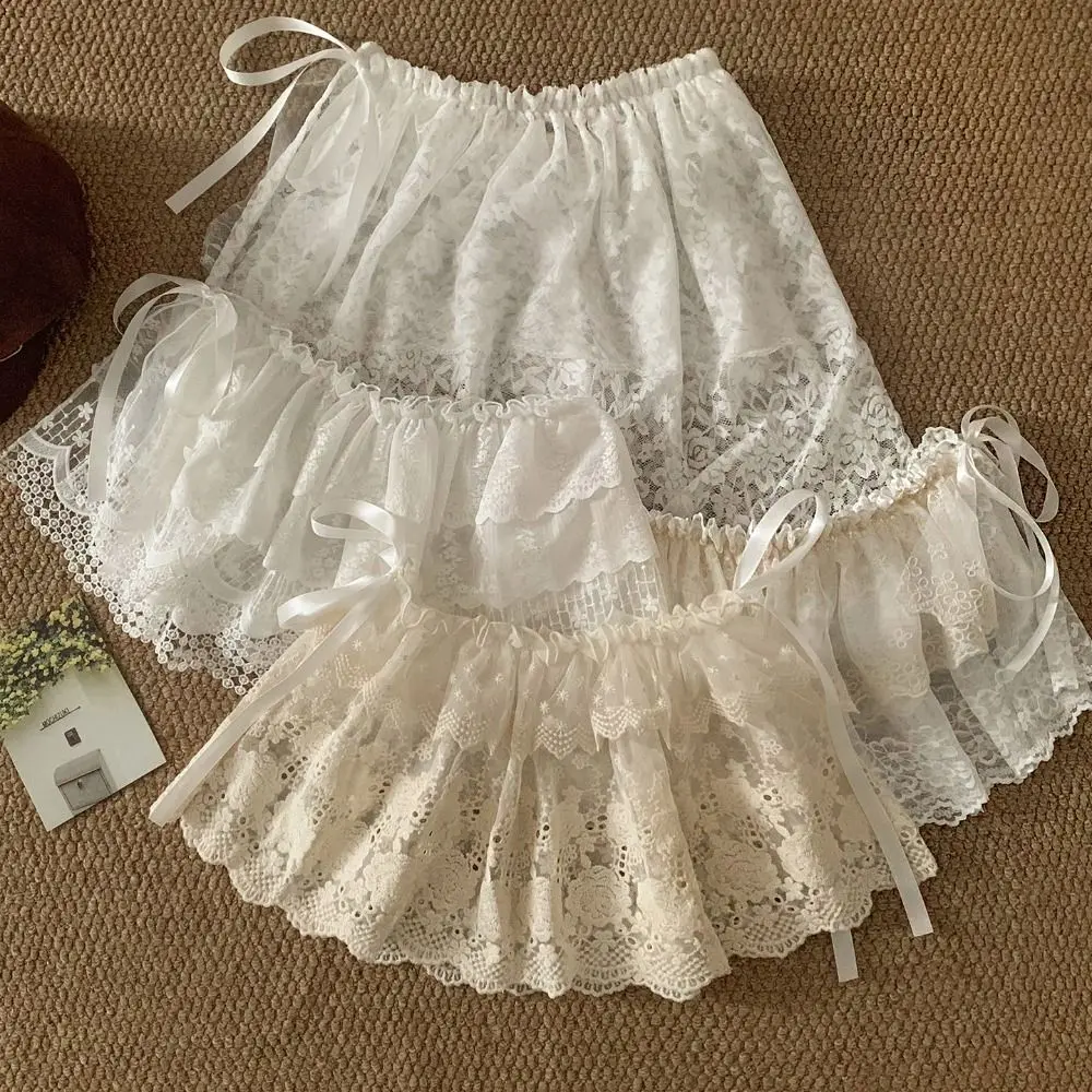 Elegant Balletcore White Lace Fart Curtain Ballet Style Korean Style Ruffle Short Skirts Y2k Lace Up Mini Lace Skirts Streetwear