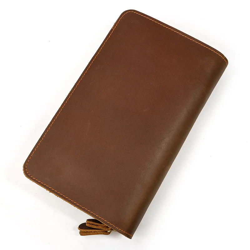 Mens Crazy Horse Leather Long Wallet Genuine Leather Vintage Zipper Wallet Multi Card Holder Clutch Handbag