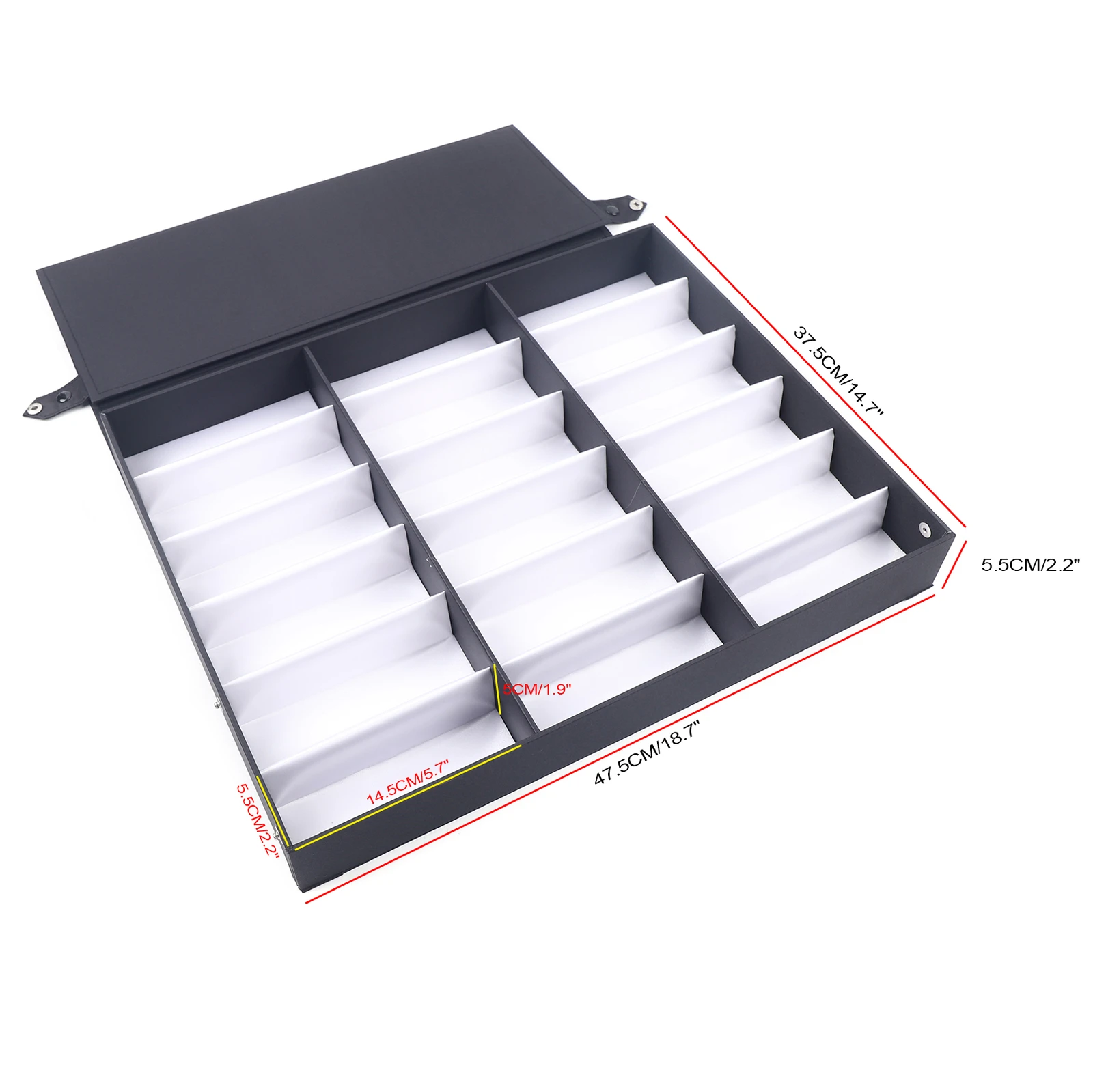 14.5*5.5*5cm 18 Slot Density Fiberboard Durable Eyeglass Sunglasses Organizer Display with Side Button Design for Multiple Eyewear Display Case