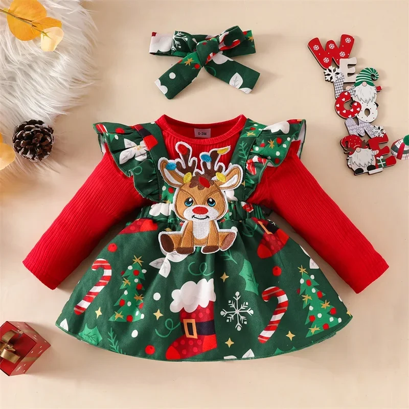 

Baby Girls Fall Outfit Long Sleeve Romper and Christmas Print Patch Suspender Skirt Cute Headband 3 Piece Clothes