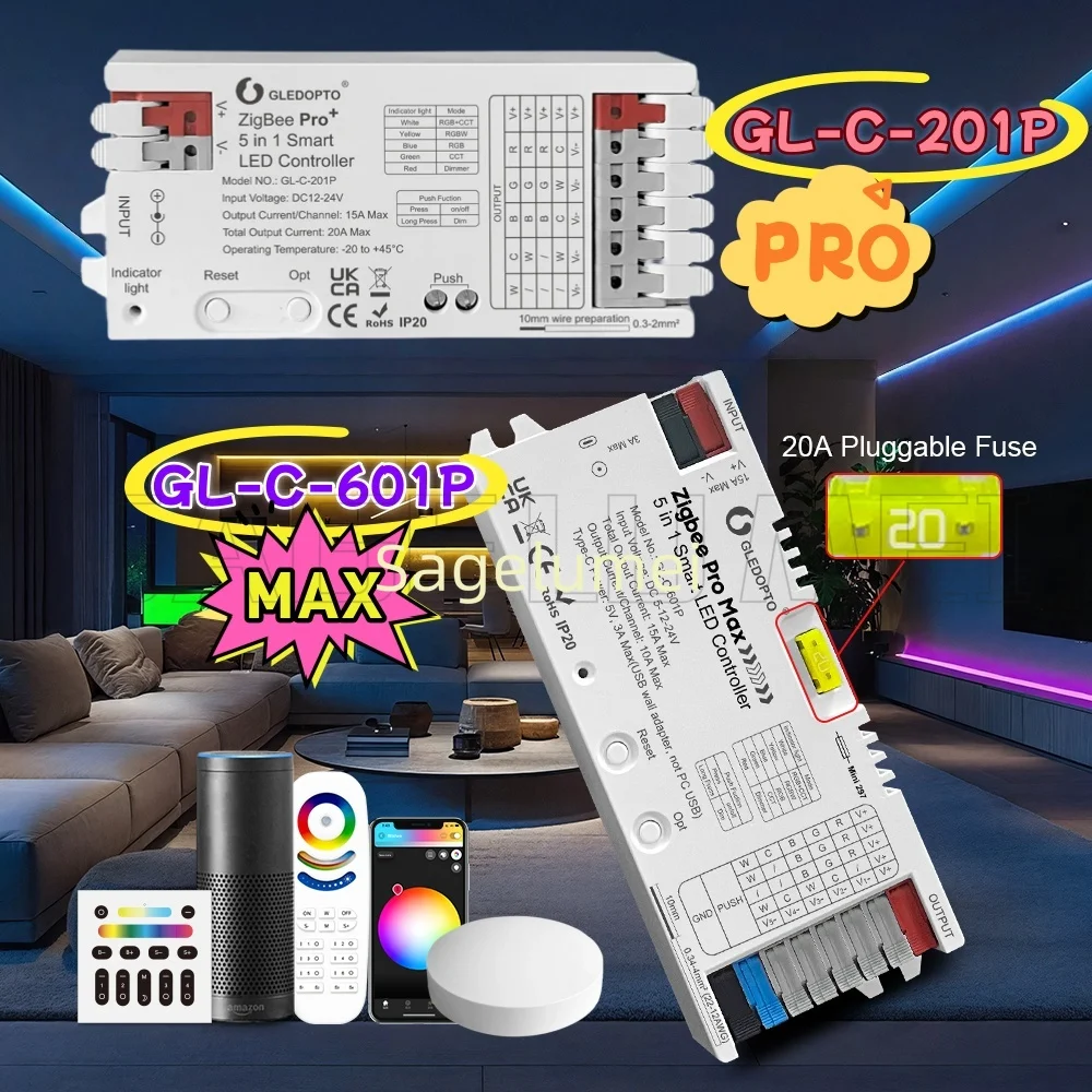 5-in-1 Pro Max ZigBee 3.0 LED Controller RGBCCT RGBW RGB CCT Dimmer Color White Light Mix 20A Pluggable Fuse App Voice GLEDOPTO