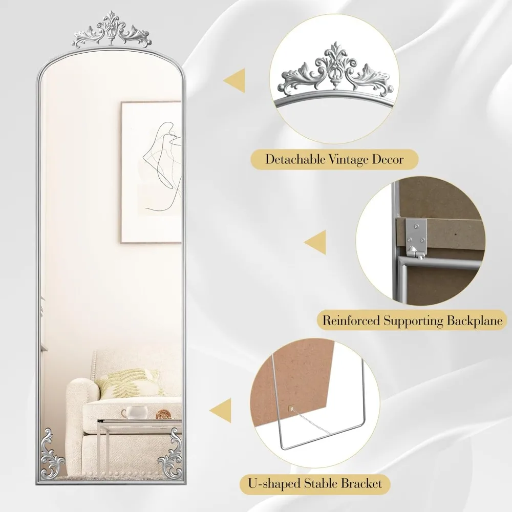 Arched Floor Standing Mirror with Silver Carved Decor, Full-Length Body Mirror for Wall or Leaning, Elegant Home Decorative Mirr