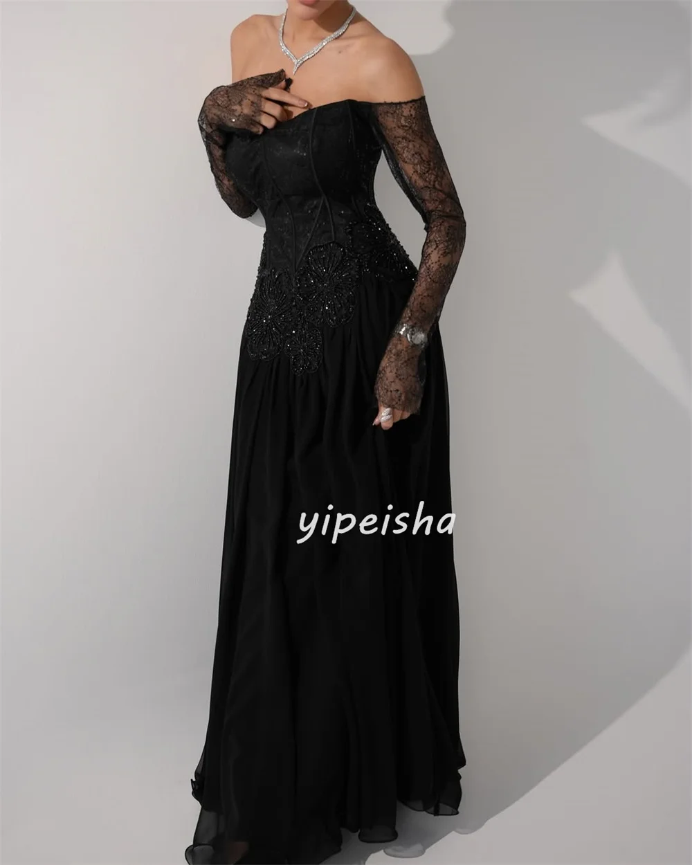 Abiti lunghi dritti con spalle scoperte in pizzo con perline in chiffon di moda stile moderno personalizzato Abiti da occasione su misura abbinati