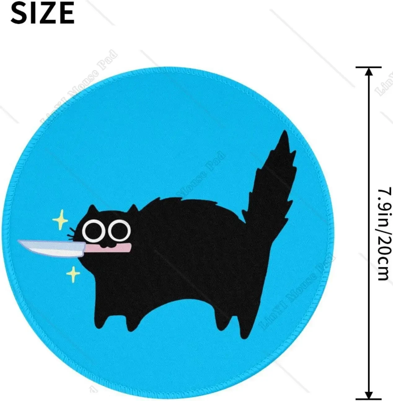 Black Cat with Knife Cute Round Mousepad with Non-Slip Rubber Base Stitched Edge for Mouse Office Home Gaming Working 7.9 Inch