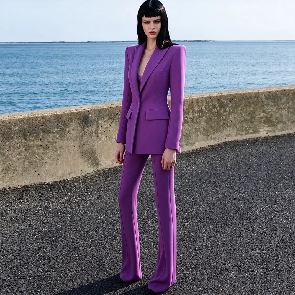 Elegant Purple Slim Women's Suit Smart Casual Notch Lapel Blazer Pants High Quality 2 Piece Set Office Lady Modern Chic Outfit