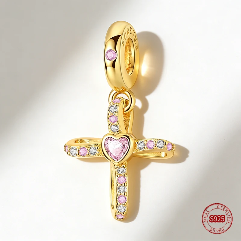 

Ahthen 925 Sterling Silver Beads Golden Cross with Pink Zirconia Dangle Charm fit Bracelets or Necklaces Women Jewelry Making