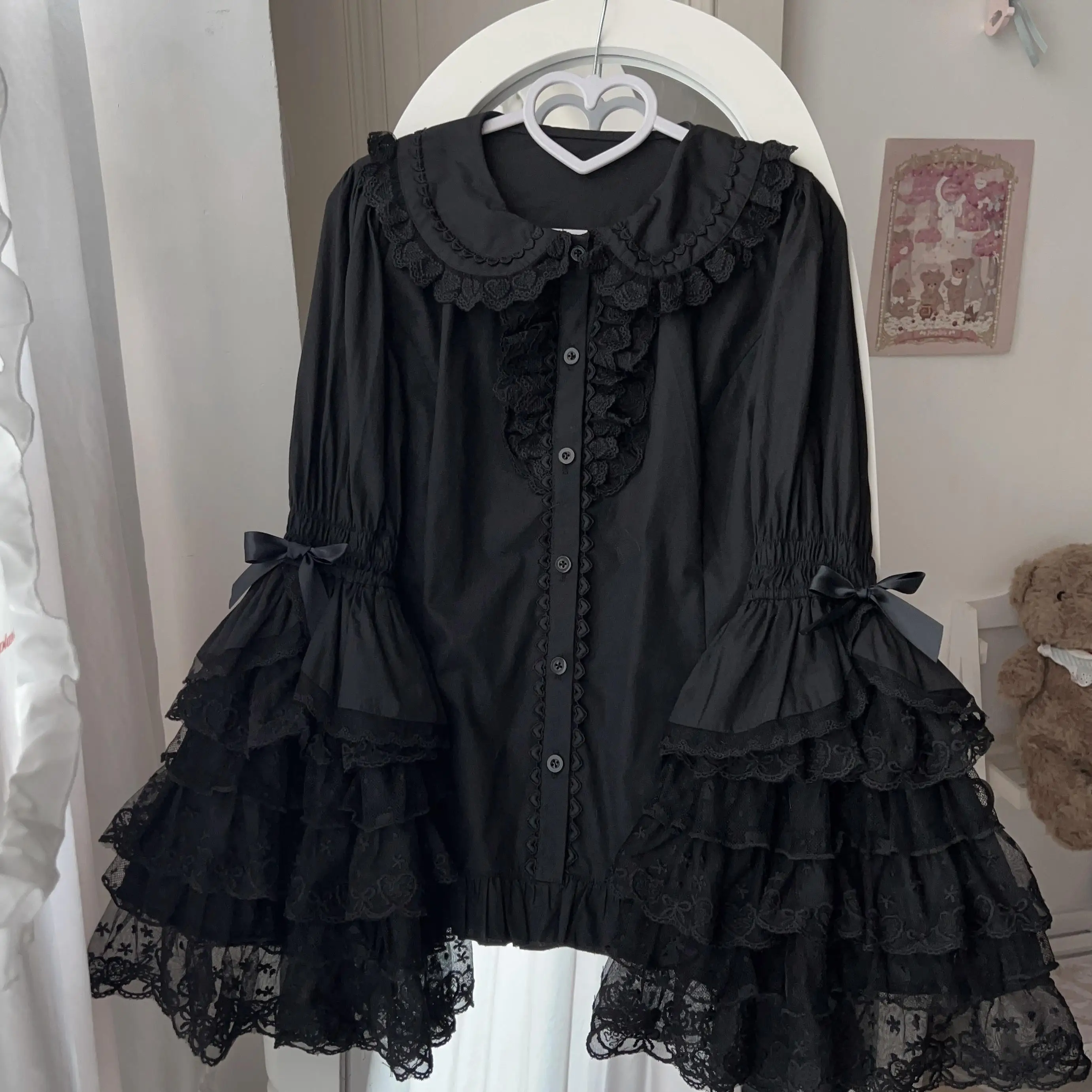 

Harajuku Y2k Lolita Blouses Women Victorian Sweet Lace Bow Ruffles Flare Sleeve Pure Cotton Shirts Japanese Kawaii Shirt Tops