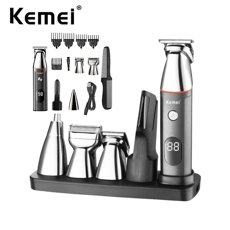 

Kemei Cordless Hair Clipper Beard Trimmer Nose & Ear Body Trimmers Electric Razor Shaver 5 In 1 Multifunction Men Grooming Kit