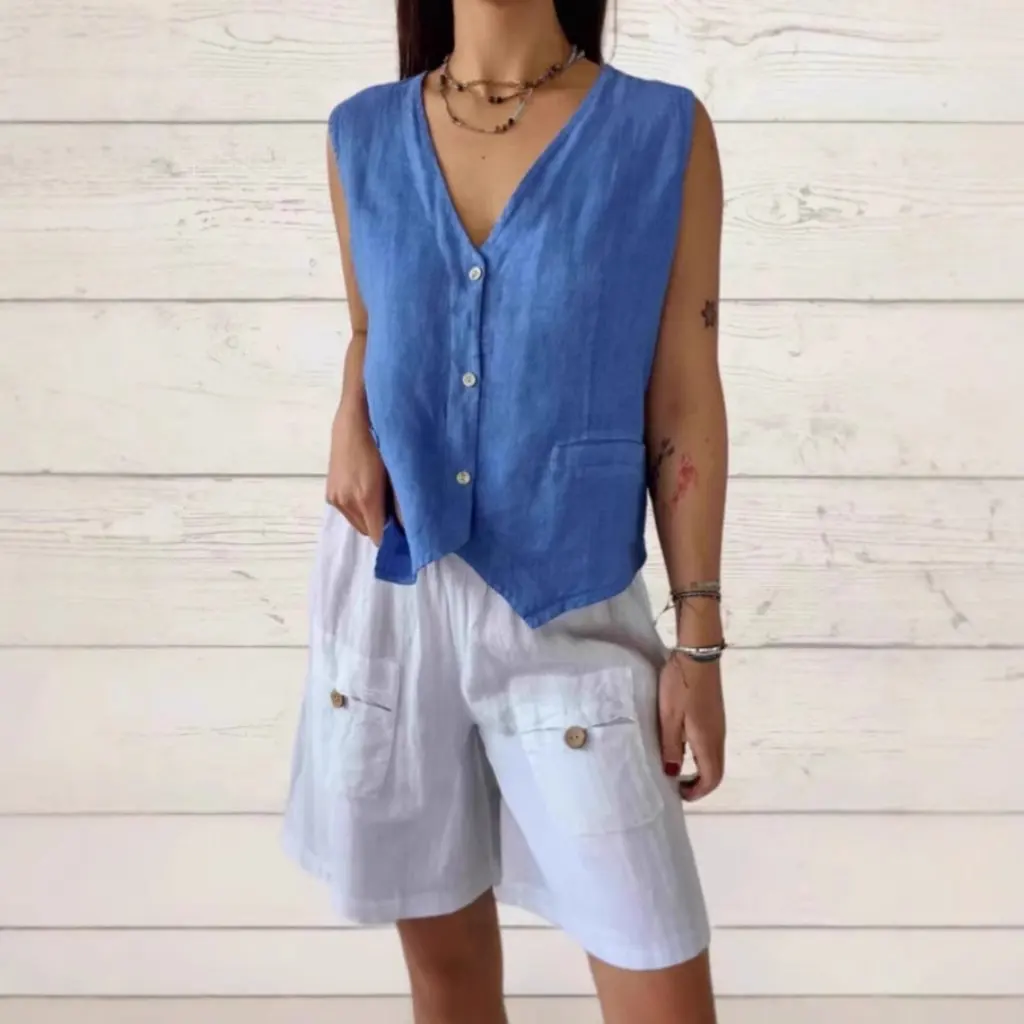 

Summer Women's Sleeveless Pure Color Vest Loose Top Single-Breasted Cotton Linen Blend European American Style Fashion