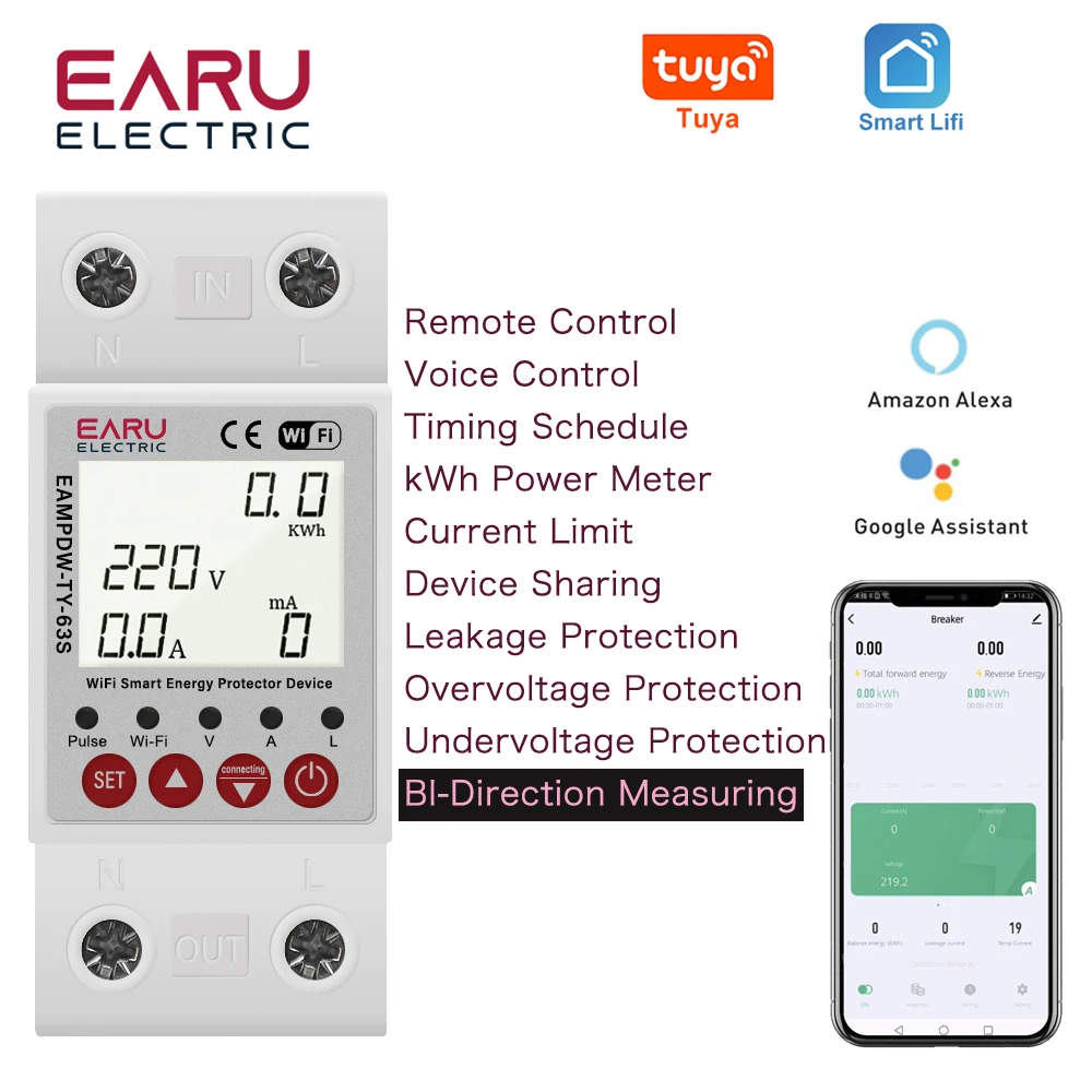 63A Tuya Smart WiFi Circuit Breaker Switch BI-Direction Measuring Earth Leakage Over Under Voltage Protector Energy Power Meter