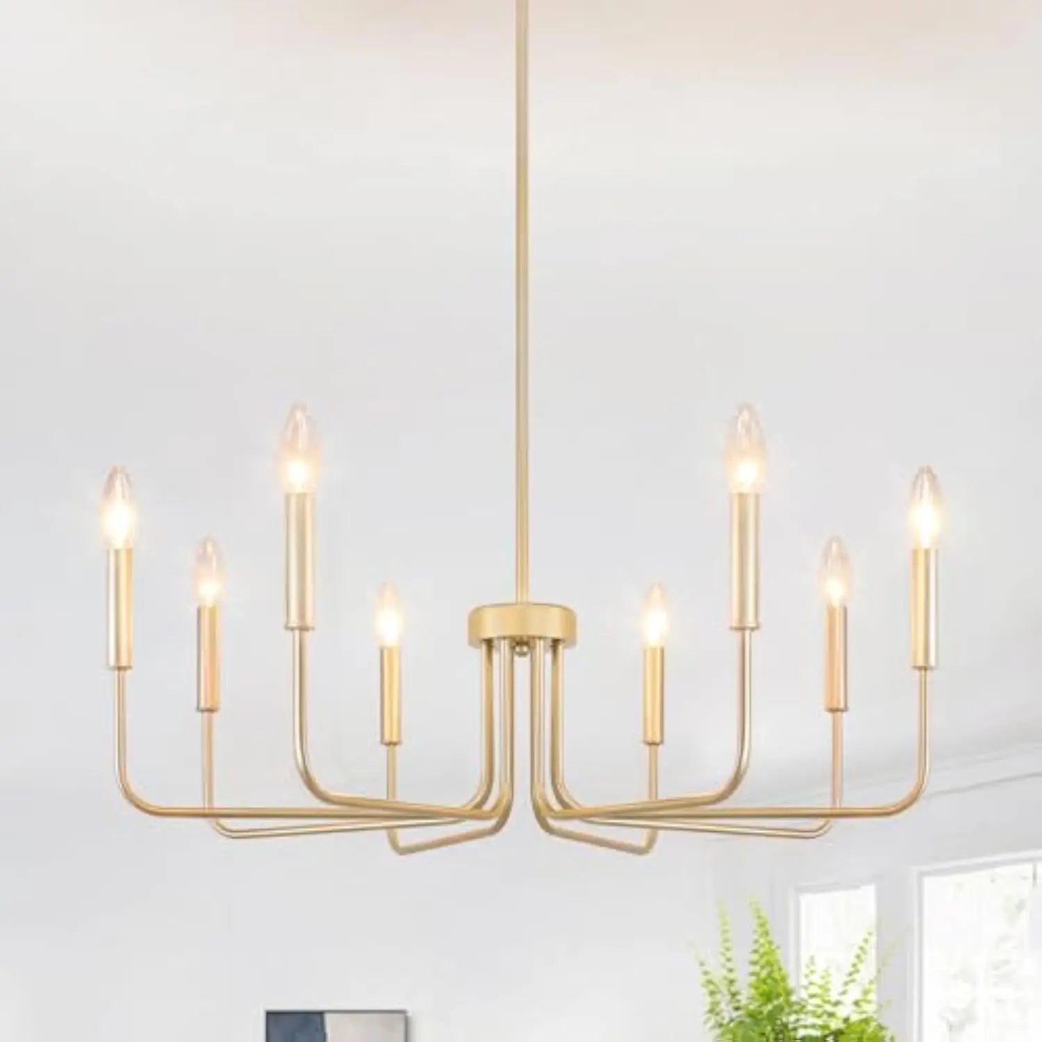

Modern Farmhouse Gold Chandelier - 8-Light Rustic Brass Pendant Light Fixture for Dining Room, Bedroom, Kitchen Island - Vintag