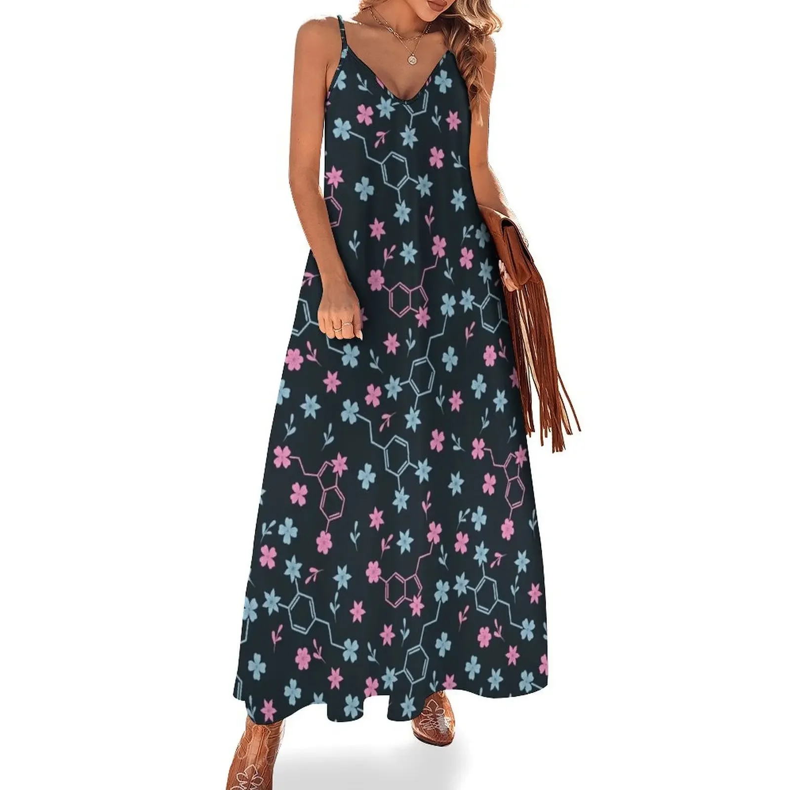 

Floral Serotonin and Dopamine Moleculs Pattern Sleeveless Dress dresses for prom women clothes