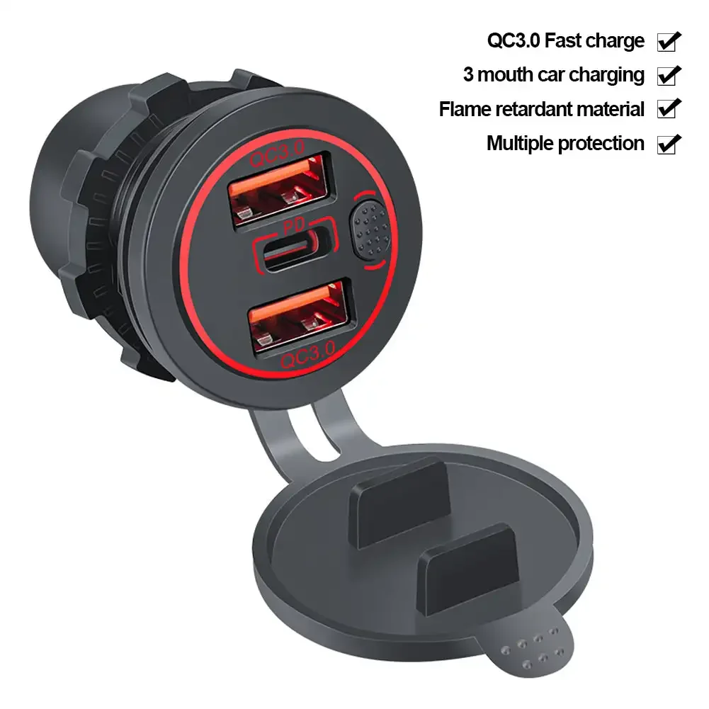 100W Dual QC 3.0 USB PD Type C Three Outlet Car Phone Cell Phone Charger Adapter with Button Switch Waterproof for Car Boat RV