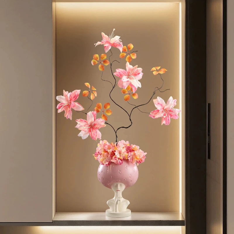 Modern Home Decor Creative Strawberry Girl Statue Simulation Flower Vase Luxury LivingRoom Entrance Wall Niche Vertical Ornament