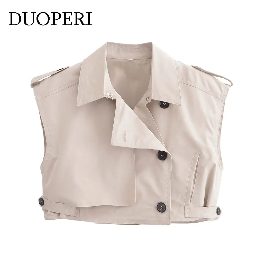 

DUOPERI Women Fashion Khaki Crop Tops Vest Notched Collar Sleeveless Female Chic Lady Casual Waistcoat Outfits