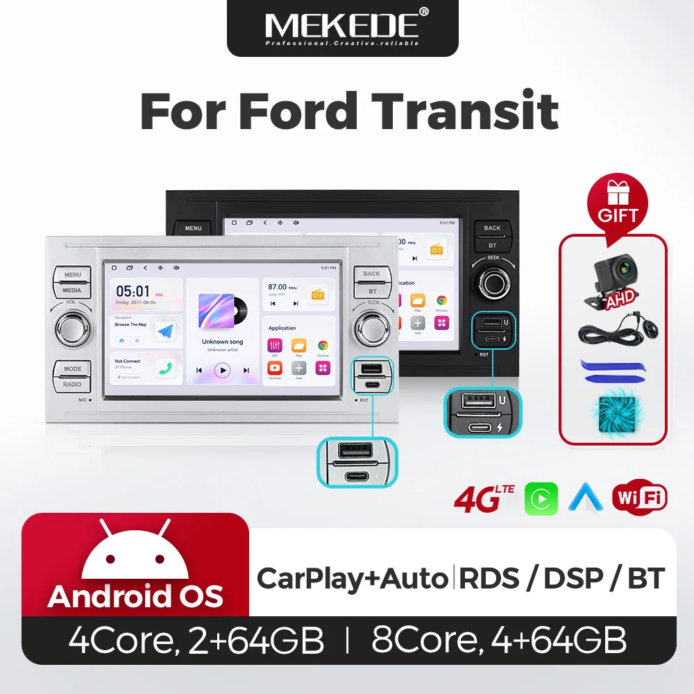 Radio para automóvil con CarPlay inalámbrico y Android Auto de MEKEDE, compatible con Ford Transit, Fiesta, Focus, Galaxy, Mondeo, Fusion, Kuga, C-Max y S-Max. Reproductor multimedia con GPS, Android, pantalla táctil, WiFi, reproductor de video, unidad principal, sistema de audio estéreo y sistemas inteligentes.